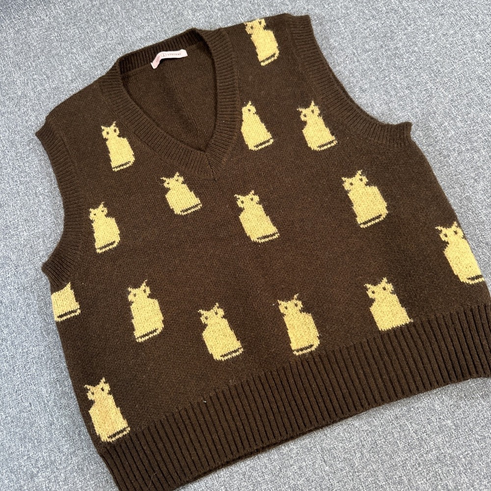 L.A.M.B. Gwen Stefani‎ Owl Sweater Vest Brown Knit Womens Oversized